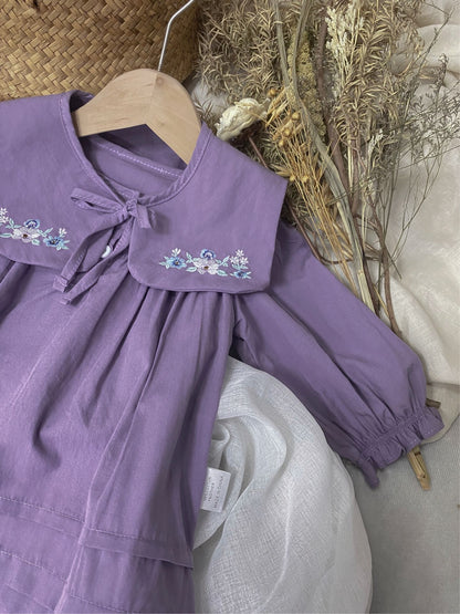 MyKids-USA® Autumn Baby Girls Purple Long-sleeved Bodysuit and Dress with Embroidered Capelet Shawl – Princess Sister Matching Set