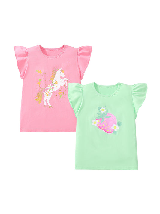 Girls’ Floral Print Fly Sleeves T-Shirt In European And American Style For Summer