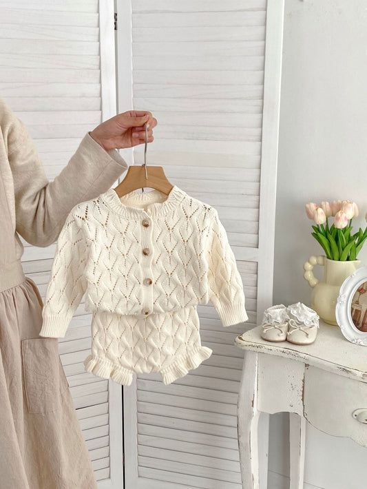 Spring Baby Kids Girls Hollow Out Knitting Pattern Cardigan Sweater And Bloomers Casual Clothing Set