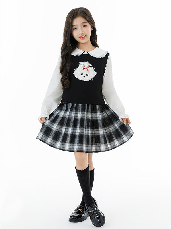 Arrival Autumn Kids Girls White Top, Sleeveless Vest and Plaid Skirt Clothing Set