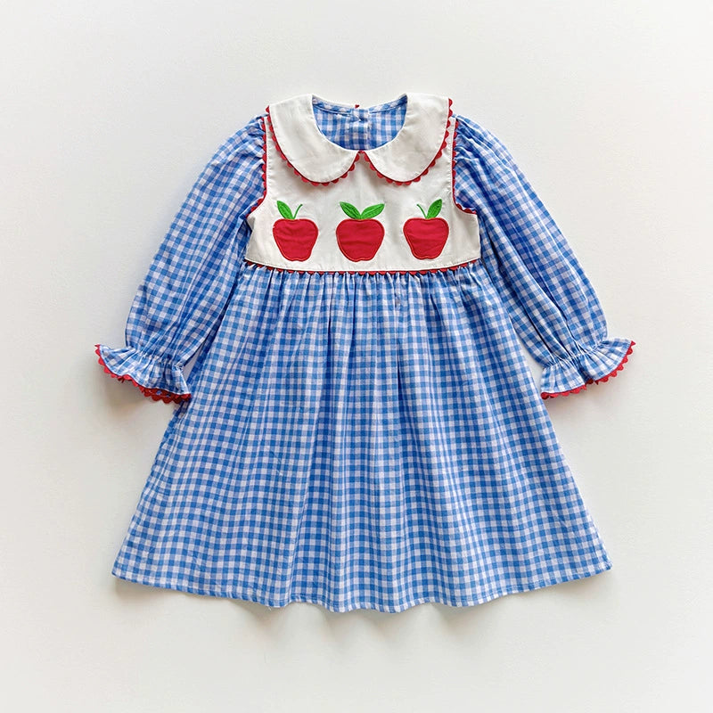 Arrival Autumn Girls Apples and Plaid Pattern Long Sleeves Dress, MyKids-USA®, Baby & Toddler Dresses, MyKids-USA - Size/Age - 90 (12-24M) - Color - Blue -  -  - TR2508282326-A