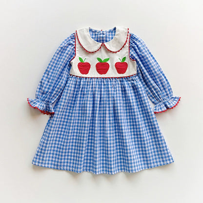 Arrival Autumn Girls Apples and Plaid Pattern Long Sleeves Dress, MyKids-USA®, Baby & Toddler Dresses, MyKids-USA - Size/Age - 90 (12-24M) - Color - Blue -  -  - TR2508282326-A