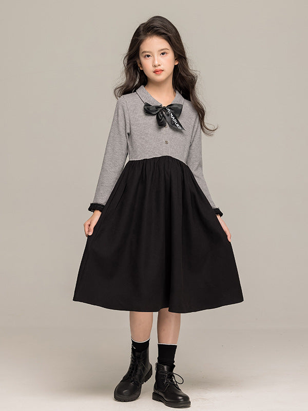 Autumn Arrival Long Sleeves Color Patchwork Dress for Stylish Girls