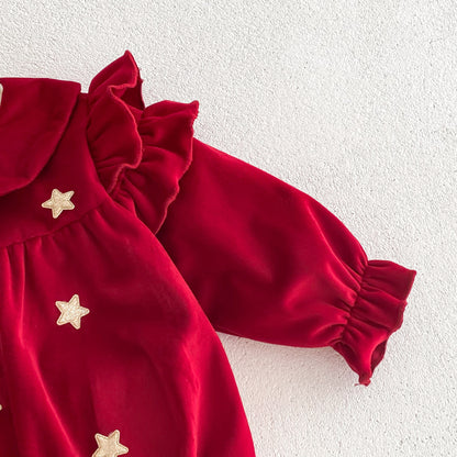Newborn Baby Girls Peter Pan Collar Long Ruffle Sleeves Star Knitted Onesie
