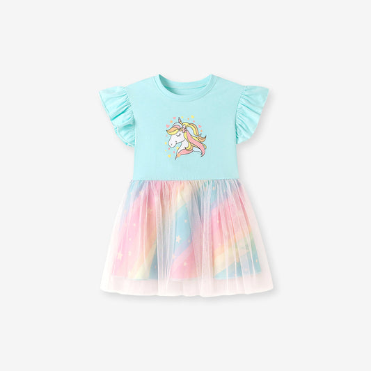 Summer Arrival Unicorn and Stars Pattern Fly Sleeves Color Patchwork Dress for Stylish Girls, MyKids-USA®, Baby & Toddler Dresses, MyKids-USA - Size/Age - 90 (12-24M) - Color - Pink -  -  - TR2601231501-A.