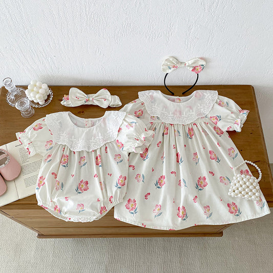 Summer Girls Flowers Pattern Short Sleeves Embroidery Collar Onesies And Dress – Sister Matching Clothing Set, MyKids-USA®, Baby & Toddler Outfits, MyKids-USA -  -  -  -  -  -  - 