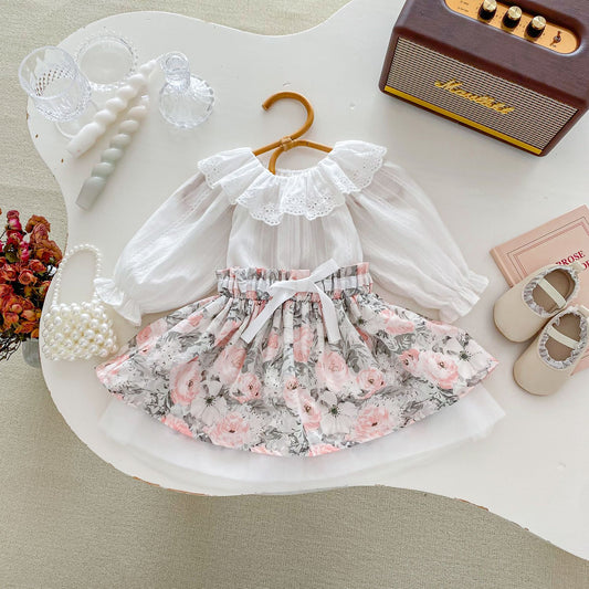 Spring Baby Kids Girls Plain Long Sleeves Base Shirt And Floral Skirt Clothing Set