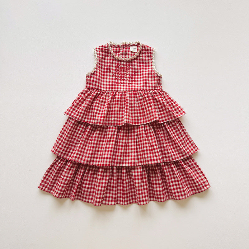 Summer Arrival Baby Girls Sleeveless Plaid Pattern Lace Trim Dress, MyKids-USA®, Baby & Children's Dresses, MyKids-USA - Size/Age - 90 (12-24M) - Color - Red -  -  - TR2604202156-A.