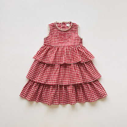 Summer Arrival Baby Girls Sleeveless Plaid Pattern Lace Trim Dress, MyKids-USA®, Baby & Children's Dresses, MyKids-USA - Size/Age - 90 (12-24M) - Color - Red -  -  - TR2604202156-A.