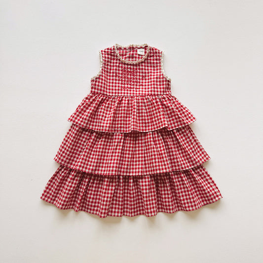 Summer Arrival Baby Girls Sleeveless Plaid Pattern Lace Trim Dress, MyKids-USA®, Baby & Children's Dresses, MyKids-USA - Size/Age - 90 (12-24M) - Color - Red -  -  - TR2604202156-A.
