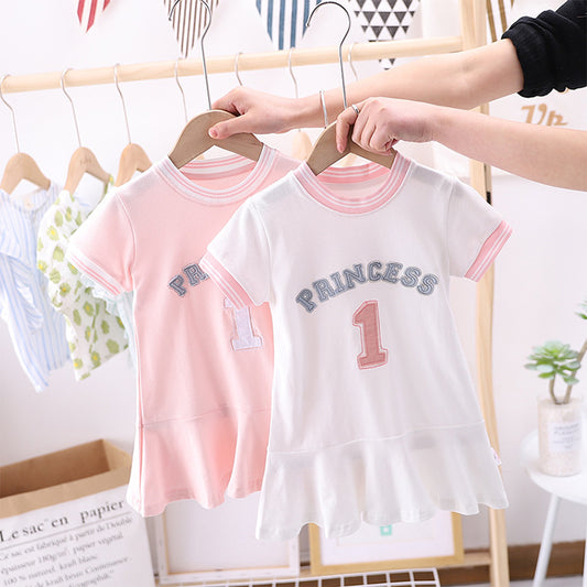 Summer Baby Girls Hot Selling Short Sleeves Crew Neck Sport Design Letters Pattern Dress