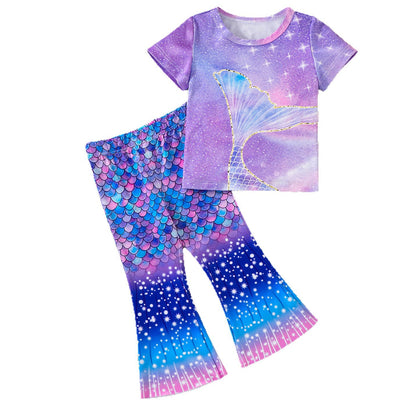 Design Summer Baby Kids Girls Short Sleeves Mermaid Pattern T-shirt with Pants Set