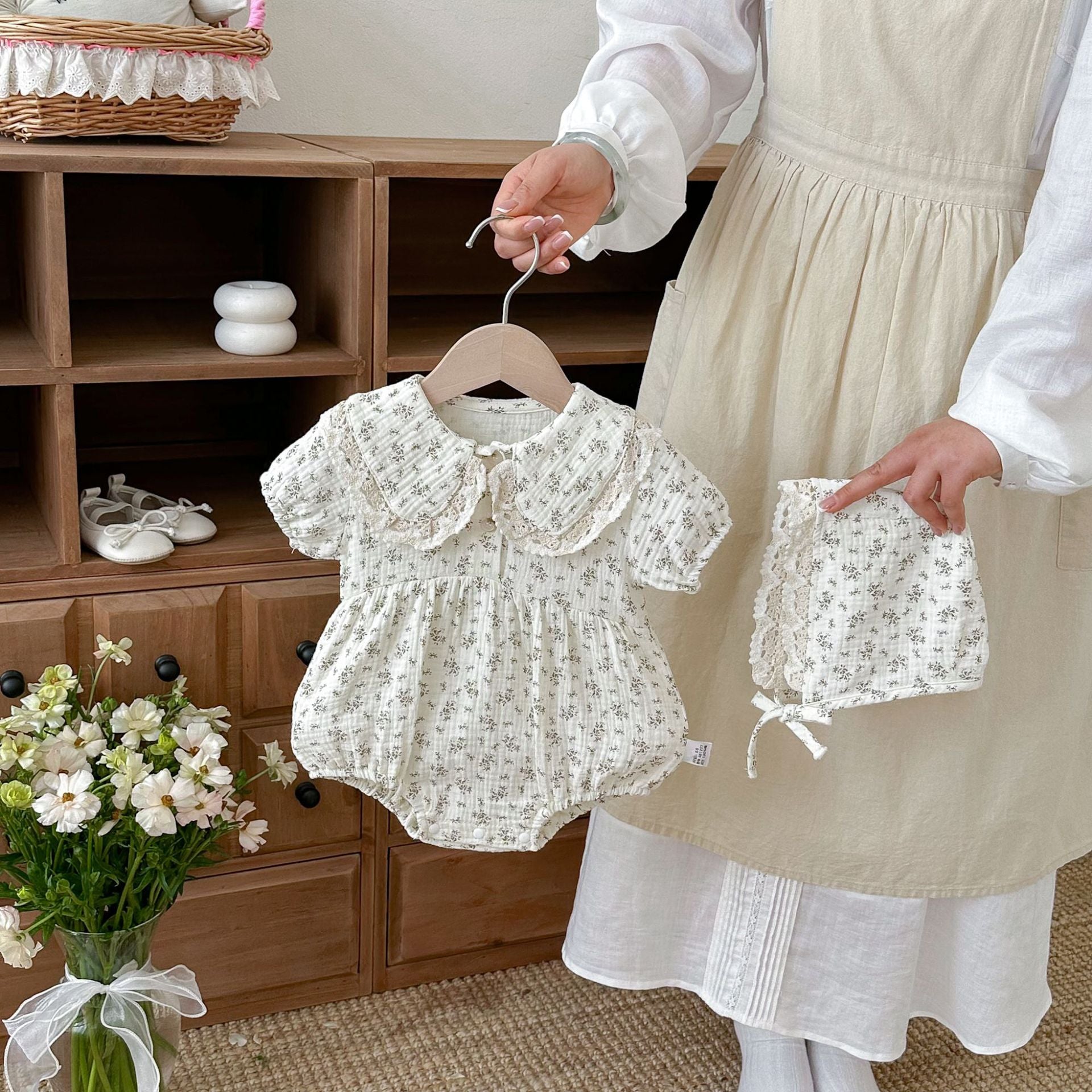 Summer Arrival Baby Girls Short Sleeves Flowers Pattern Vintage Bodysuit with Hat, MyKids-USA®, Baby & Children's One-Pieces, MyKids-USA - Size/Age - 66 (3-6M) - Color - Beige -  -  - TR2605022246-A.