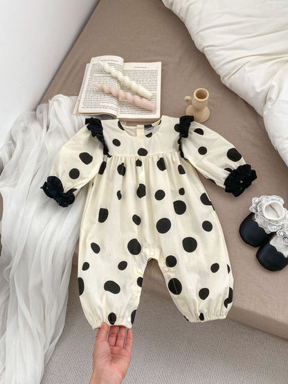 Spring Baby And Kids Girls Polka Dots Romper And Black Leather Shoes Clothing Set