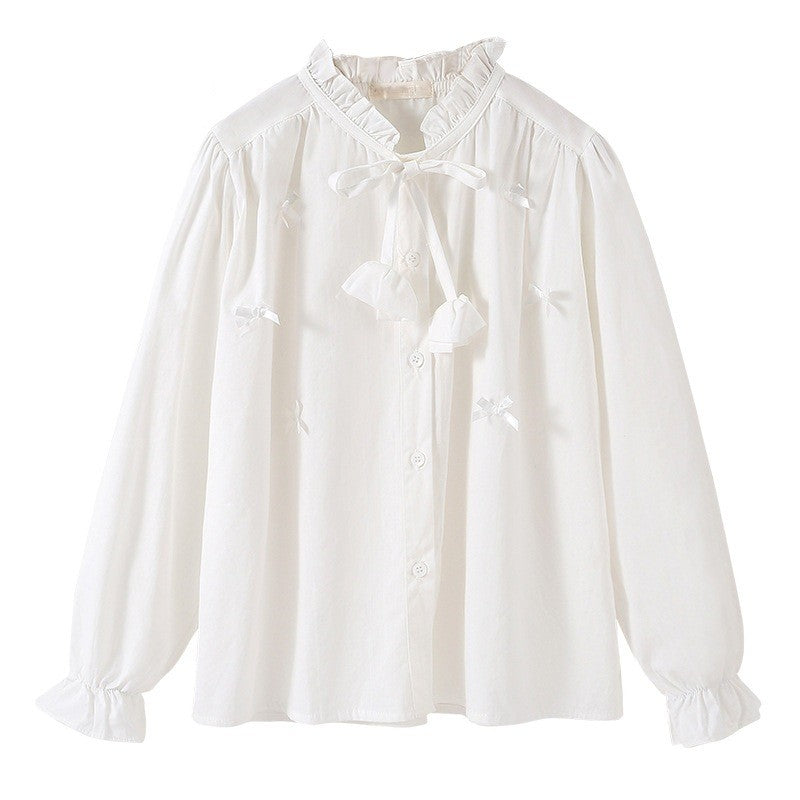 Arrival Autumn Kids Girls Long Sleeves Solid Color Butterfly-bow Pattern Stand Collar Shirt