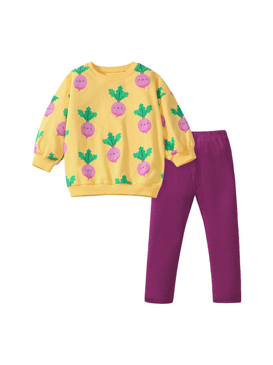 Spring And Autumn Girls Cute Turnip Cartoon Pattern Long Sleeves Top Sweatshirt And Pants Clothing Set, MyKids-USA®, Baby & Toddler Outfits, MyKids-USA - Size/Age - 90 (12-24M) - Color - Yellow -  -  - TR2407130928-A