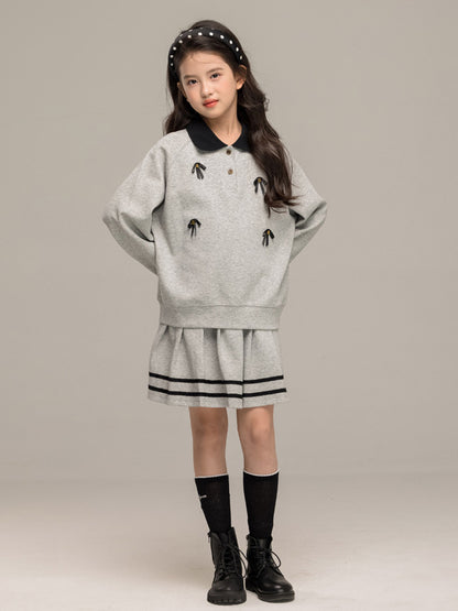Arrival Autumn Kids Girls Long Sleeves Butterfly-bows Pattern Sweatshirt and Striped Skirt Sets