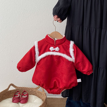 Winter Arrival Baby Girls Long Sleeves Floral Pattern Fleece-Lined Bodysuit