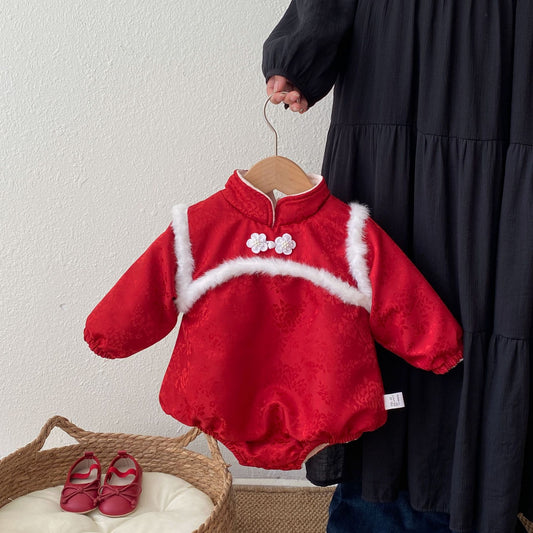 Winter Arrival Baby Girls Long Sleeves Floral Pattern Fleece-Lined Bodysuit