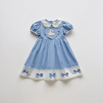 Summer Arrival Baby Girls Short Sleeves Plaid and Animals Pattern Dress, MyKids-USA®, Baby & Children's Dresses, MyKids-USA - Size/Age - 90 (12-24M) - Color - Blue -  -  - TR2604202200-A.