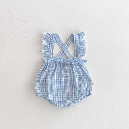 Summer Arrival Baby Girls Sleeveless Plaid Pattern Strap Bodysuit, MyKids-USA®, Baby One-Pieces, MyKids-USA - Size/Age - 66 (3-6M) - Color - Blue -  -  - TR2603221420-A.