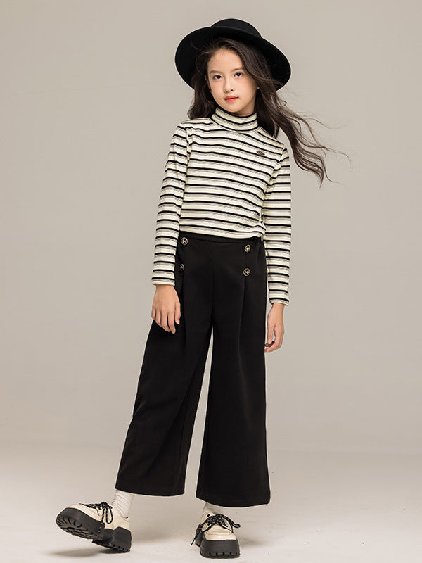 Arrival Autumn Kids Girls Long Sleeves Striped Pattern Turtle Neck Top and Black Loose Pants Sets