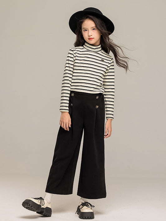 Arrival Autumn Kids Girls Long Sleeves Striped Pattern Turtle Neck Top and Black Loose Pants Sets