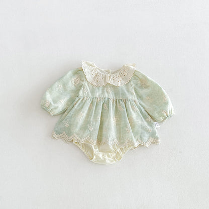 MyKids-USA® Autumn Arrival Baby Girls Long Sleeves Light Green Flowers Embroidered Bodysuit