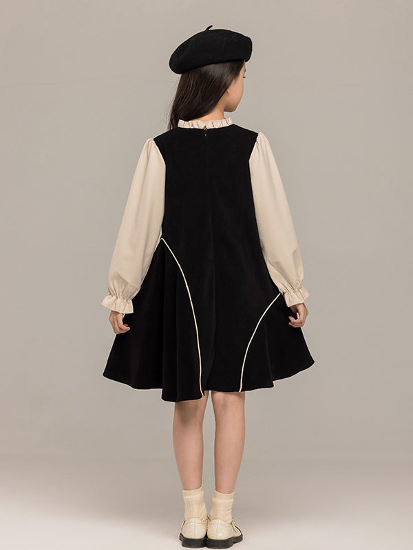 Autumn Arrival Long Sleeves Color Patchwork Dress for Stylish Girls