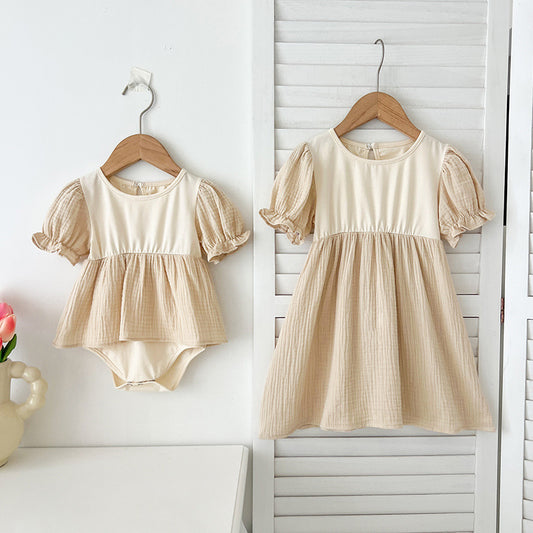 Summer Girls Apricot Patchwork Crew Neck Short Sleeves Onesies And Girls’ Dress – Simple Sister Matching Set