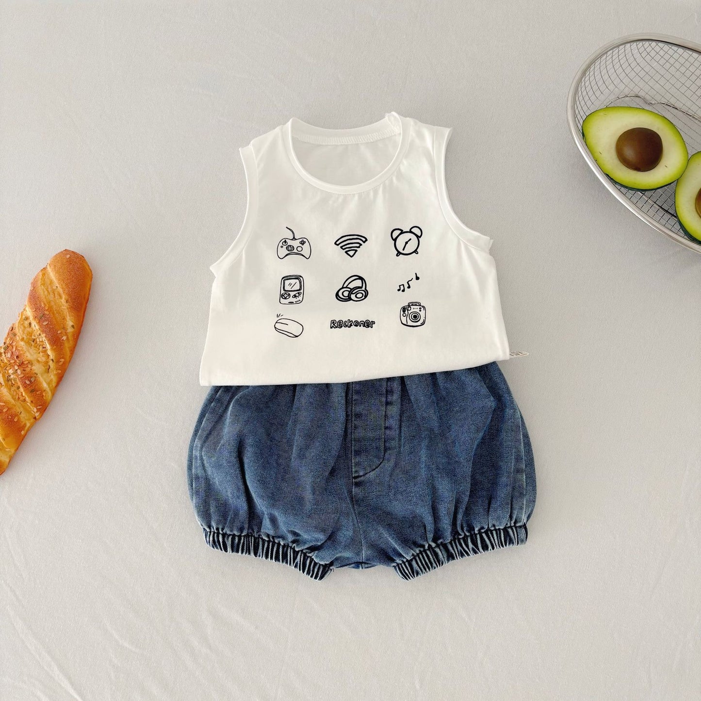 Summer Baby Kids Casual Pattern Sleeveless Top Vest with Denim Shorts Clothing Set for, MyKids-USA®, Baby & Toddler Outfits, MyKids-USA - Size/Age - 73 (6-9M) - Color - White -  -  - TR2504262113-A