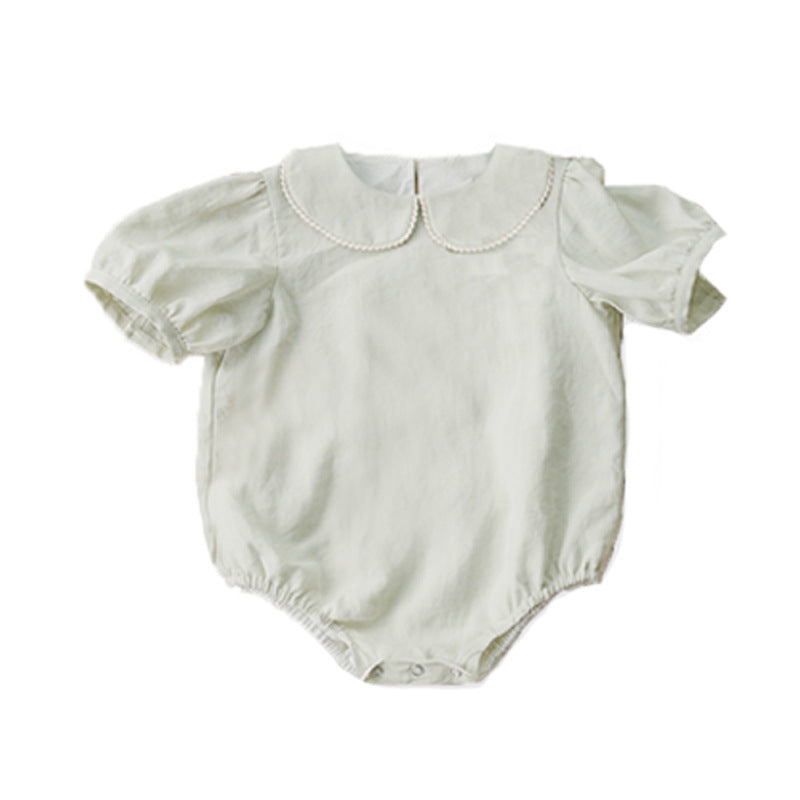Summer New Arrival Baby Girls Solid Color Short Sleeves Peter Pan Collar Onesies, Embroidered Hats And Bibs