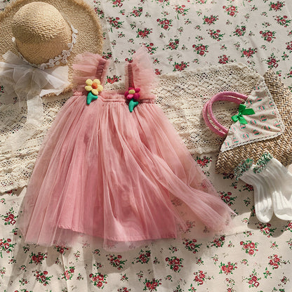 Summer Baby Kids Girls Fly Sleeves Flowers Pattern Tulle Strap Dress, MyKids-USA®, Baby & Children's Dresses, MyKids-USA - Size/Age - 80 (9-12M) - Color - Pink -  -  - TR2605202132-E.