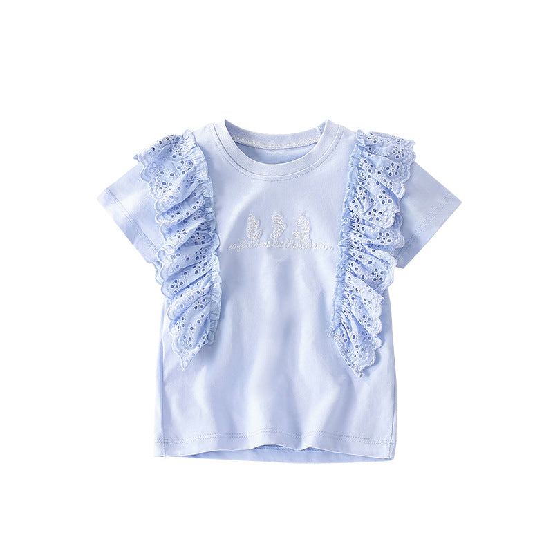 Summer Girls’ Flowers and Letters Pattern Embroidered T-shirt in European and American Style, MyKids-USA®, Baby & Toddler Tops, MyKids-USA - Size/Age - 100 (2-3Y) - Color - Blue -  -  - TR2505302041-A