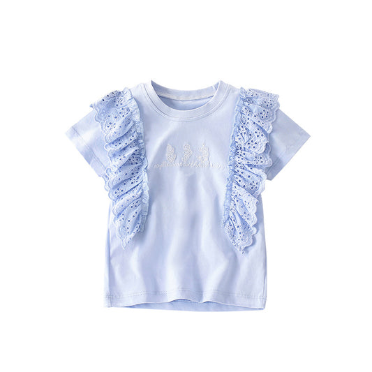 Summer Girls’ Flowers and Letters Pattern Embroidered T-shirt in European and American Style, MyKids-USA®, Baby & Toddler Tops, MyKids-USA - Size/Age - 100 (2-3Y) - Color - Blue -  -  - TR2505302041-A