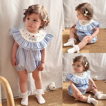 Summer Arrival Baby Cute Plaid Sleeveless Flowers Embroidered Onesies, MyKids-USA®, Baby One-Pieces, MyKids-USA - Size/Age - 66 (3-6M) - Color - Blue -  -  - TR2504242026-A