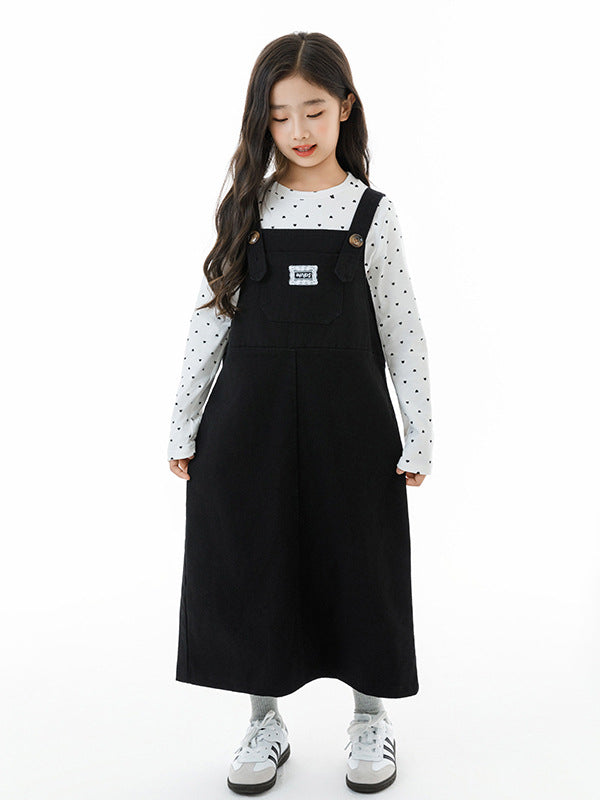 Arrival Autumn Kids Girls Long Sleeves Dots Pattern Top and Black Overalls Clothing Set