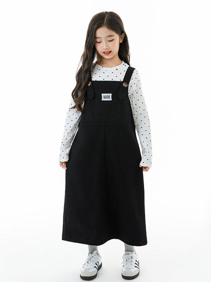 Arrival Autumn Kids Girls Long Sleeves Dots Pattern Top and Black Overalls Clothing Set