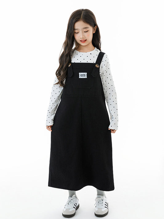 Arrival Autumn Kids Girls Long Sleeves Dots Pattern Top and Black Overalls Clothing Set