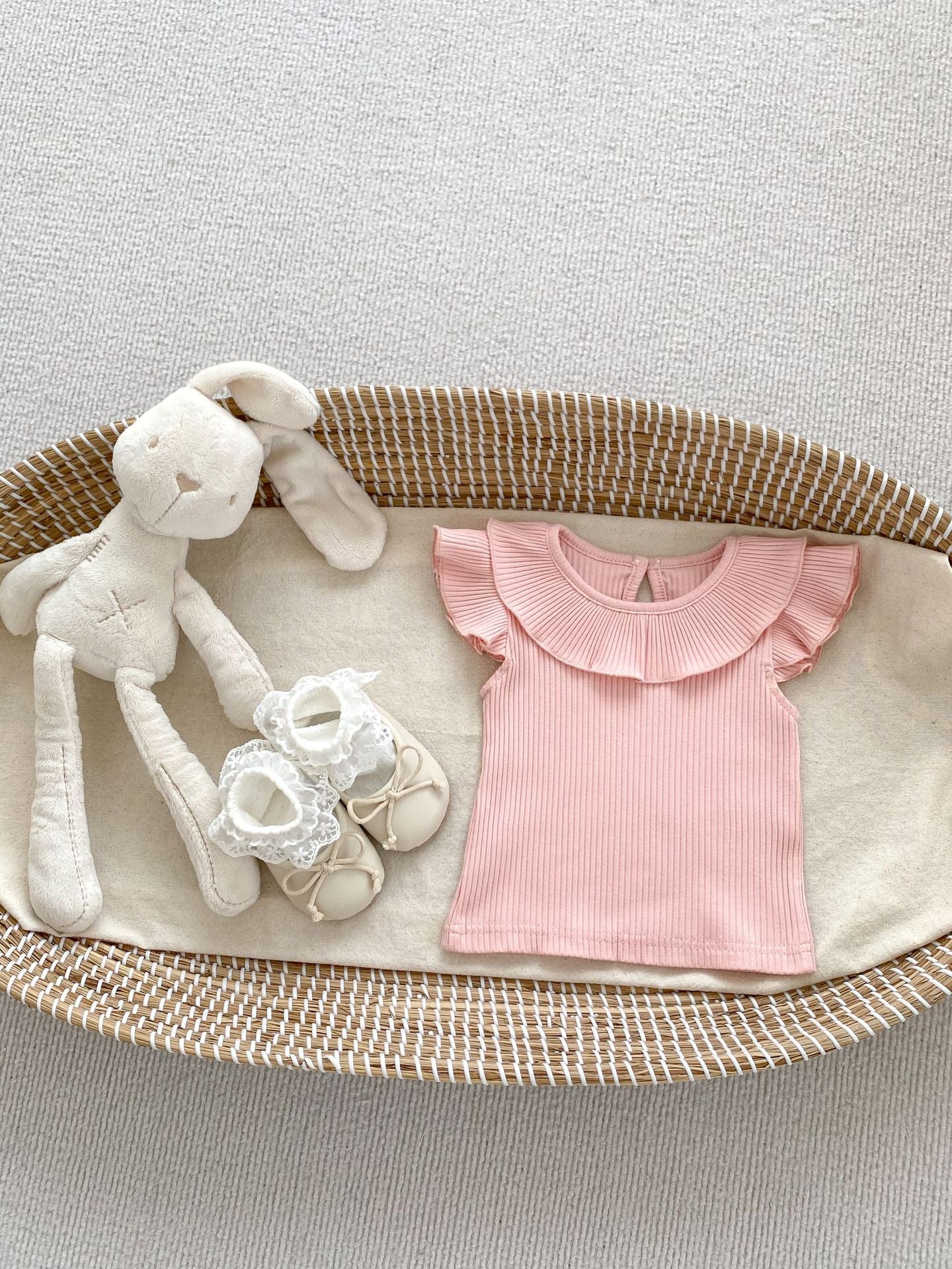 Summer Collection: Girls’ Fly Sleeves Ruffle Collar Solid Color Top, MyKids-USA®, Baby & Toddler Tops, MyKids-USA - Size/Age - 66 (3-6M) - Color - Pink -  -  - TR2403292110-C.
