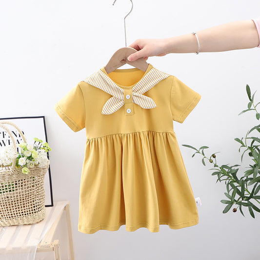 Summer Baby Kids Girls New Design Short Sleeves Preppy Crew Neck Dress
