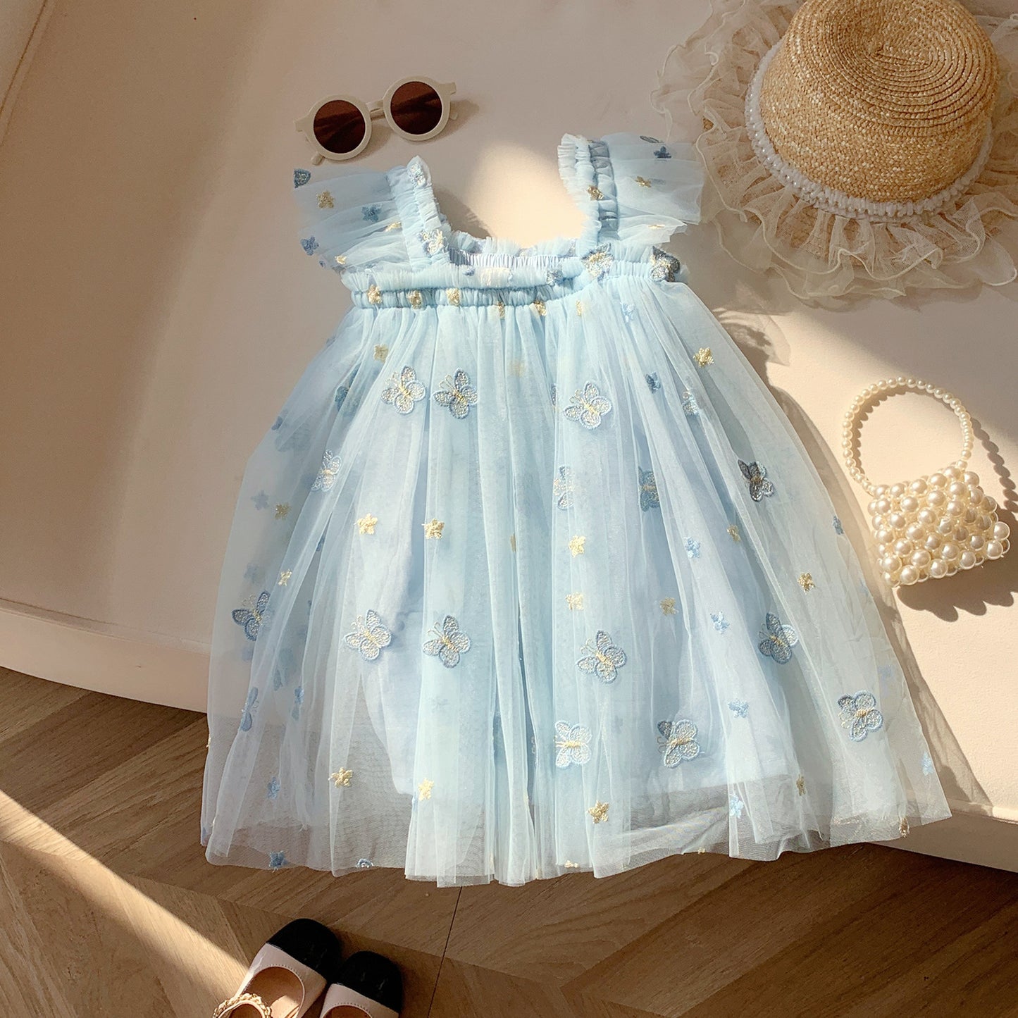 Summer Baby Kids Girls Sleeveless Butterfly Embroidered Mesh Design Off Shoulder Strap Dress, MyKids-USA®, Baby & Toddler Dresses, MyKids-USA - Size/Age - 80 (9-12M) - Color - Blue -  -  - TR2503072218-B