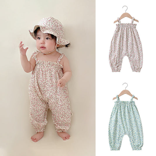 Summer Baby Girls Floral Printing Sleeveless Strap Romper And Hat Clothing Sets