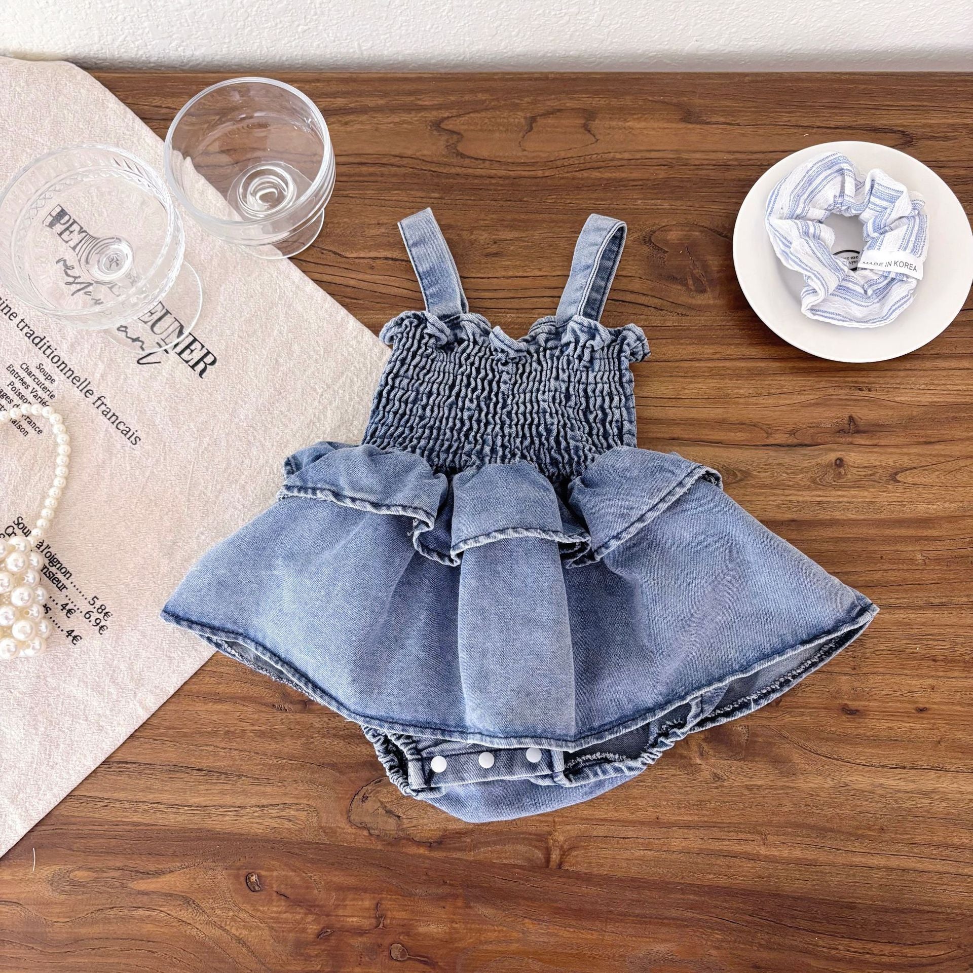 Summer Arrival Baby Girls Cute Sleeveless Denim Pleated Dress Design Strap Onesies, MyKids-USA®, Baby One-Pieces, MyKids-USA - Size/Age - 66 (3-6M) - Color - Blue -  -  - TR2505051957-A