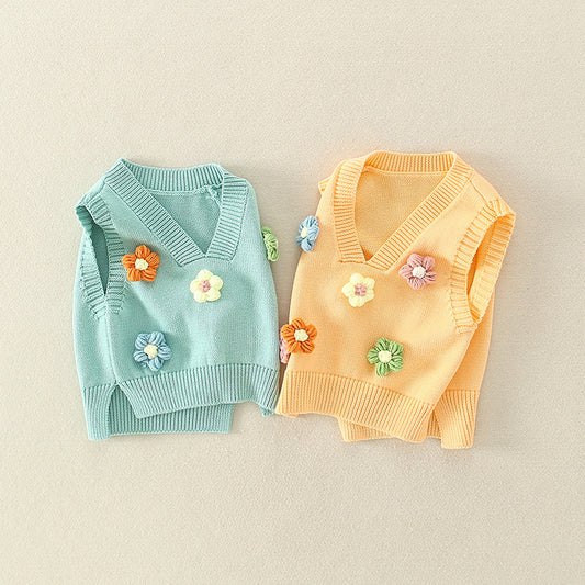 New Arrival Baby Kids Girls 3D Flowers V-Neck Design Sleeveless Knitwear Soft Vest