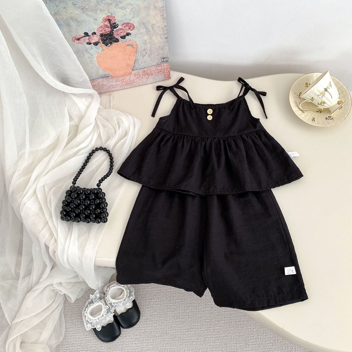 Summer Baby Kids Solid Color Sleeveless Top Vest with Pants Clothing Set for Girls, MyKids-USA®, Baby & Toddler Outfits, MyKids-USA - Size/Age - 73 (6-9M) - Color - Black -  -  - TR2505152242-A