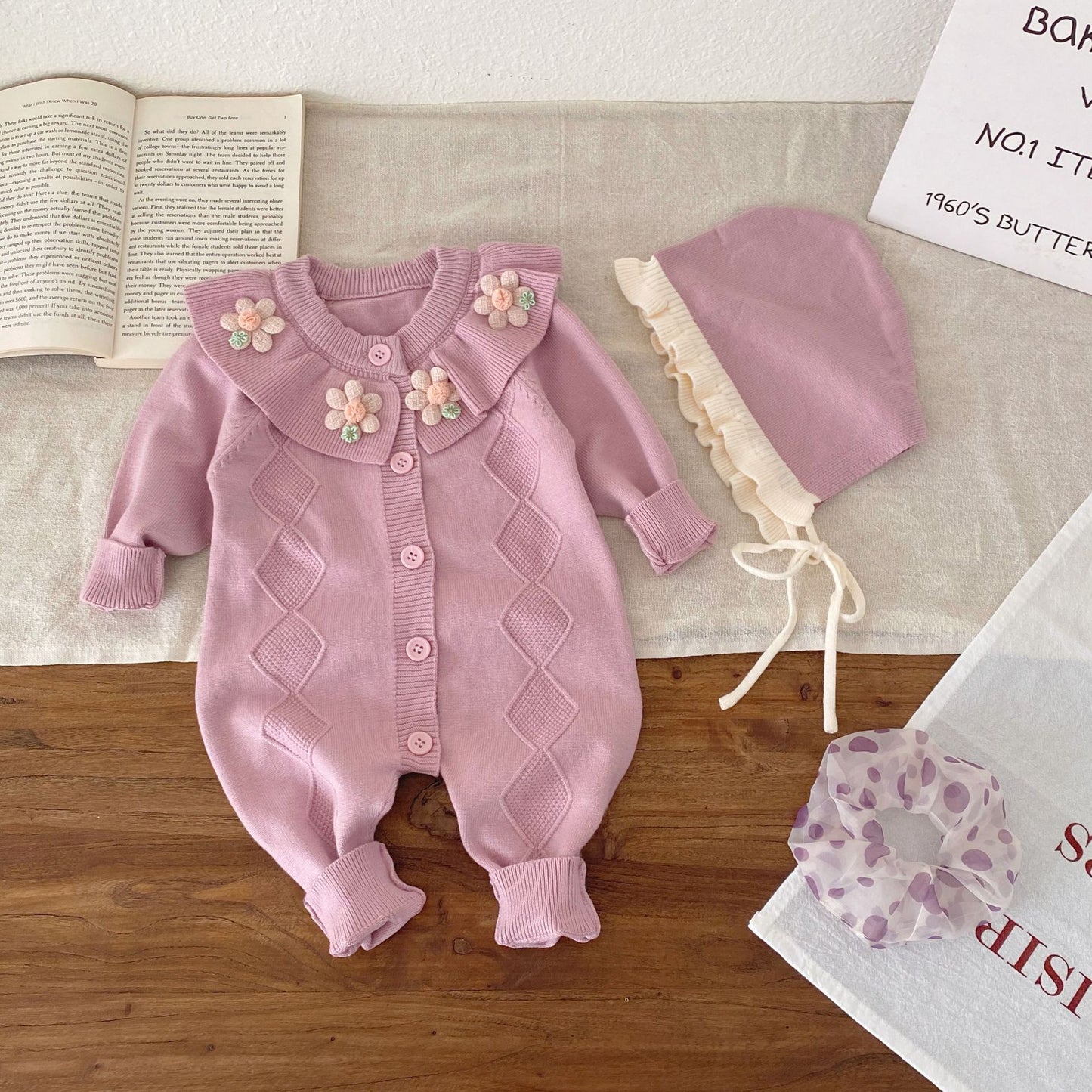 Autumn and Winter Arrival Baby Girls Long Sleeves Flowers Pattern Knitted Rompers, MyKids-USA®, Baby One-Pieces, MyKids-USA - Size/Age - 66 (3-6M) - Color - Purple -  -  - TR2512062324-B.