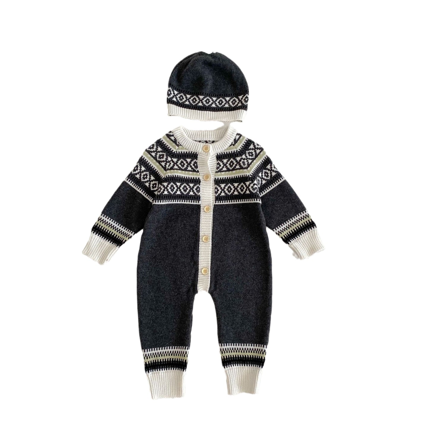 Geometric Pattern Unisex Baby Knitted Romper (No Hat)