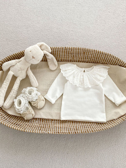 Spring Collection: Baby Girls’ Long Sleeve Doll Collar Base Shirt With 3 Kinds Of Lace Trim