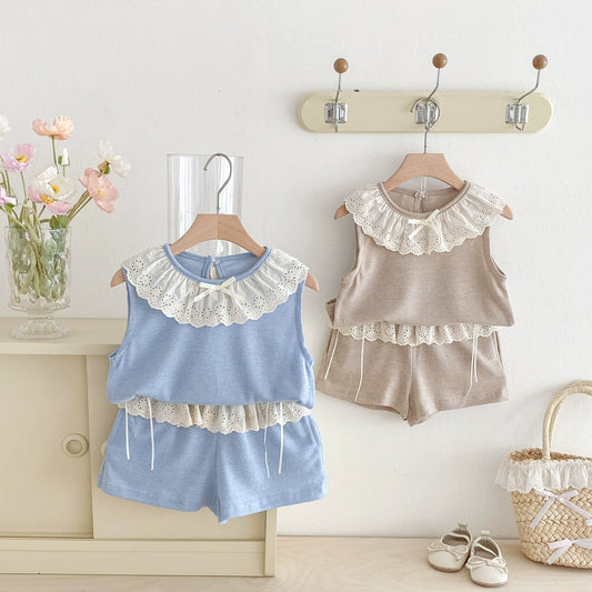 Summer Hot Selling Baby Kids Girls Sleeveless Color Patchwork Flowers Pattern Hollow-out Collar Top Vest and Lace Decorated Shorts Clothing Set, MyKids-USA®, Baby & Toddler Outfits, MyKids-USA -  -  -  -  -  -  - 